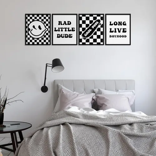 Vista 7 de Eersida 9 carteles retro a cuadros con diseño de relámpago de la paz, larga vida de la infancia, Rad Little Dude para niños, regalos para habitación