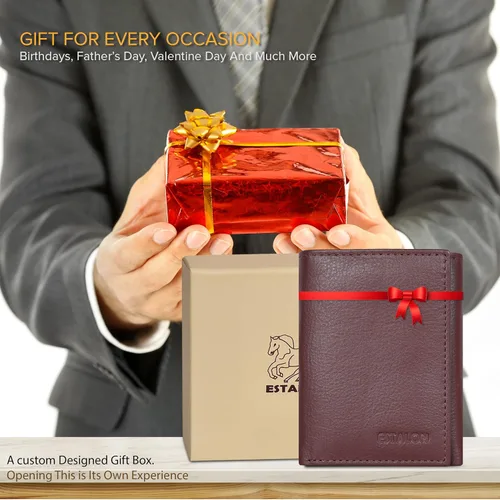Vista 4 de Billetera de tres pliegues para hombre Cartera de piel auténtica con bloqueo RFID con 9 ranuras para tarjetas