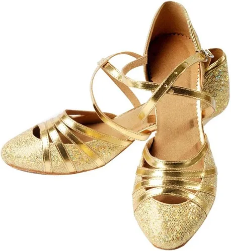 Vista 3 de Hbeylia Vintage Dress Pump Sandals Shoes for Women Ladies Glitter Sequin Round Toe Chunky Mid Heels Cross Ankle Strap Dressy Ballet Flats Retro