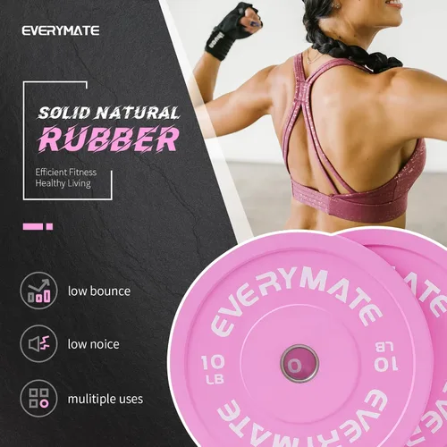 Vista 2 de EVERYMATE Placas de Peso Rosa 10LB 15LB 25LB 35LB 45LB Placas Olímpicas Bumper Placas de Peso con Agarre para Entrenamiento de Fuerza y Crossfit