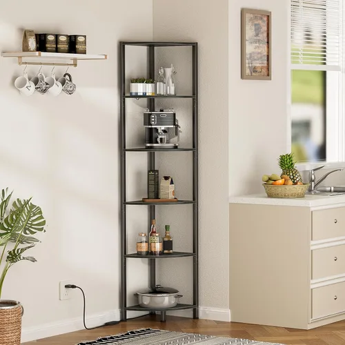 Vista 9 de Furnulem Estante esquinero de 6 niveles con luz LED, organizador de estante de pie de 67.5 pulgadas de alto, estantería estrecha negra con estante