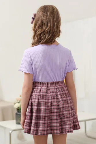 Vista 2 de GORLYA Paquete de 2 camisetas básicas lisas con ribete de lechuga para niñas, blusas casuales de punto acanalado para 4-14T