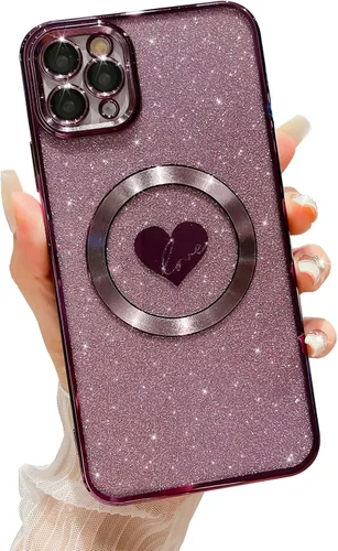 Vista 9 de Funda compatible con iPhone 11 Pro Max de 6.5 pulgadas con Magsafe, funda magnética de corazón chapado con purpurina para mujeres y niñas