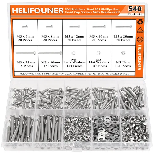 Vista 12 de HELIFOUNER - Juego de 540 piezas M3 x 6mm / 8mm / 12mm / 16mm / 20mm / 25mm / 30mm, tornillos de cabeza de botón, tuercas y arandelas, acero