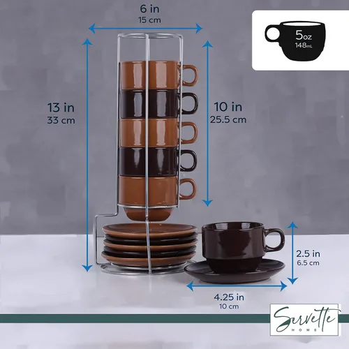 Vista 5 de Servette Home Tazas de café espresso apilables de 5 onzas con platillos y soporte, juego de 6