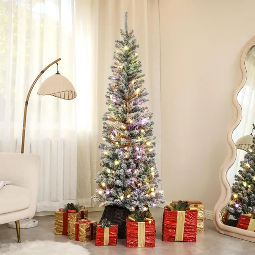 Vista 2 de HOMCOM Árbol de Navidad de Lápiz artificial preiluminado de 6 pies, árbol de Navidad artificial con 170 luces LED de doble color y 429 puntas