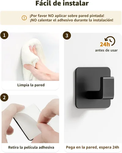 Vista 6 de GWAAZXGZ Ganchos de toalla autoadhesivos cuadrados - Juego de 2 ganchos de metal negro mate, diseño de ángulo recto para toallas, batas y sombreros