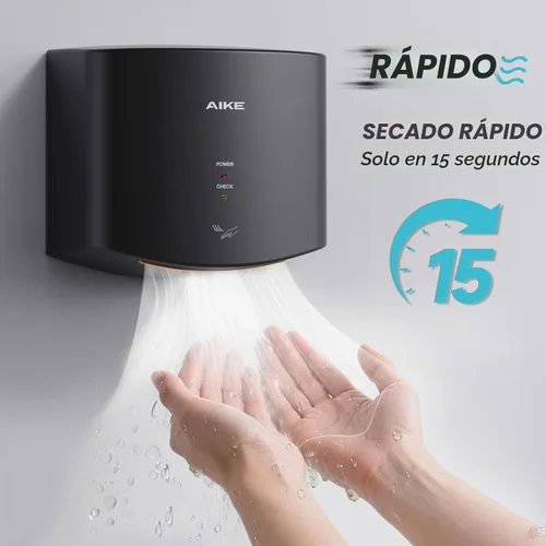 Vista 2 de Secador de manos compacto del limpiaparabrisas del aire de AIKE para los baños, modelo AK2630S de 110V negro Blade Air 15S Dry Time, 1400W High
