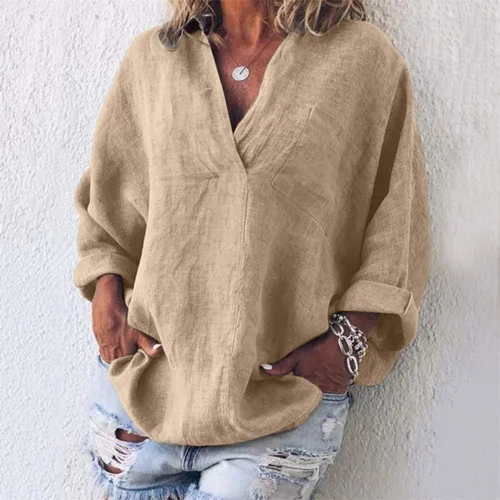 Vista 2 de Blusa de lino con cuello en V para mujer, talla grande, holgada, lisa, casual, sencilla