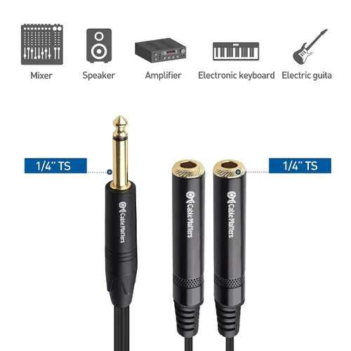 Vista 3 de Cable Matters Paquete de 2 cables divisor TS macho a 2X TS hembra 1/4, 6 pulgadas
