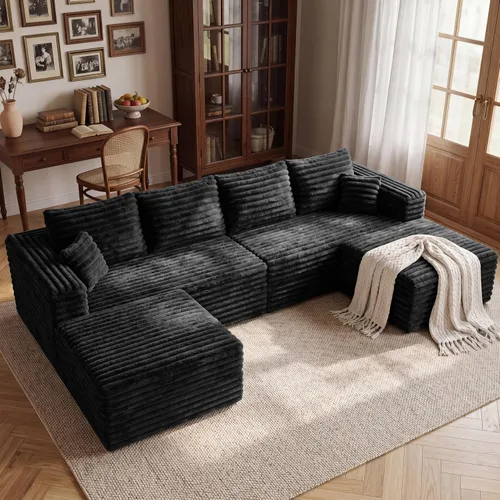 Vista 31 de Sofá modular en forma de L de 118 pulgadas, moderno sofá modular de pana de espuma viscoelástica de 4 plazas con otomana, asiento profundo tapizado