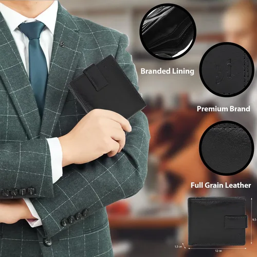 Vista 3 de STARHIDE Cartera de cuero real con cierre RFID para hombre, 1180 Negro