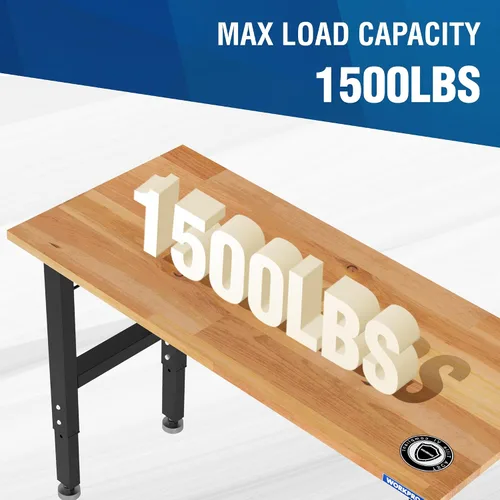 Vista 2 de WORKPRO Banco de trabajo de garaje ajustable, escritorio de trabajo resistente con parte superior de madera de goma de 48 x 22 pulgadas, con tomas