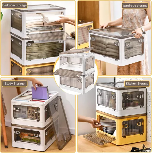 Vista 12 de DILIBRA Contenedores de almacenamiento de plástico de 28 litros con tapas, paquete de 2 contenedores apilables con ruedas y 4 puertas, cajas