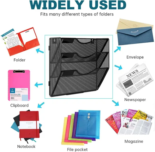 Vista 4 de PAG Soporte para archivos de pared colgante, clasificador de correo de 3 niveles para pared, organizador de pared de oficina de malla
