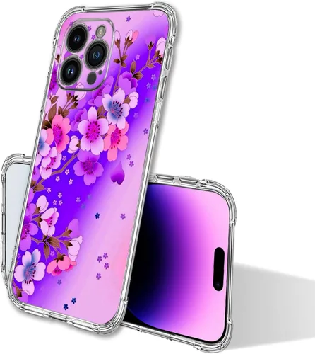 Vista 3 de Funda para iPhone 14 Pro Max, protección contra caídas en flor de cerezo morada, a prueba de golpes, carcasa protectora de cuerpo completo