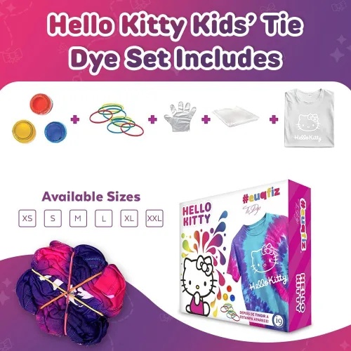 Vista 7 de Hello Kitty - Juego de teñido anudado - El juego incluye con una camiseta, 3 pinturas de colores, forro, guantes y bandas elásticas, paquete de 1