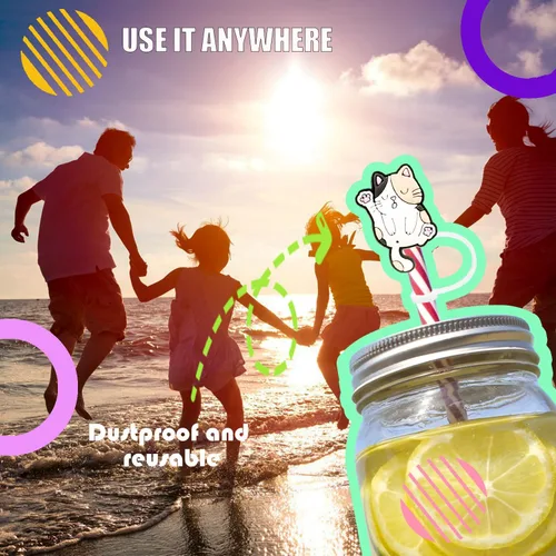 Vista 7 de 8 fundas de popote para popotes reutilizables, lindo estilo gato, tapas de popote de silicona para vasos, cubierta para popote Stanley, fundas