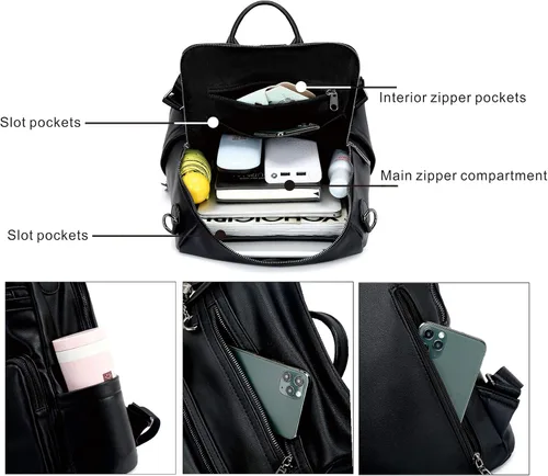 Vista 78 de OPAGE - Mochila de cuero para mujer, con borla de moda, bolso de hombro, mochila grande, bolsa de viaje, gris, L
