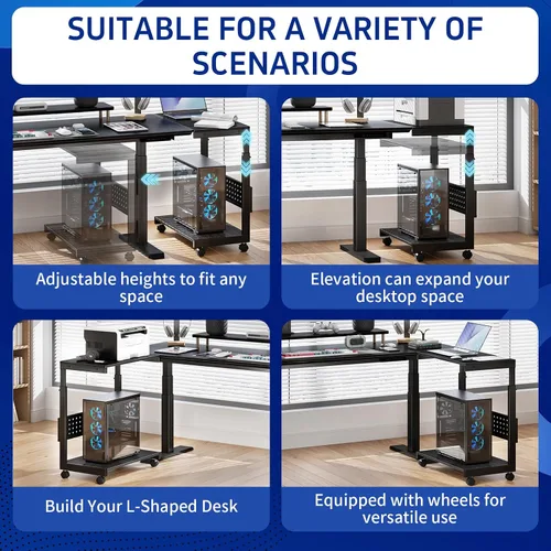 Vista 6 de Soporte de torre para computadora, soporte de torre para PC con ruedas, doble nivel y soporte de CPU ajustable de 5 niveles (23.2-33.5 pulgadas)