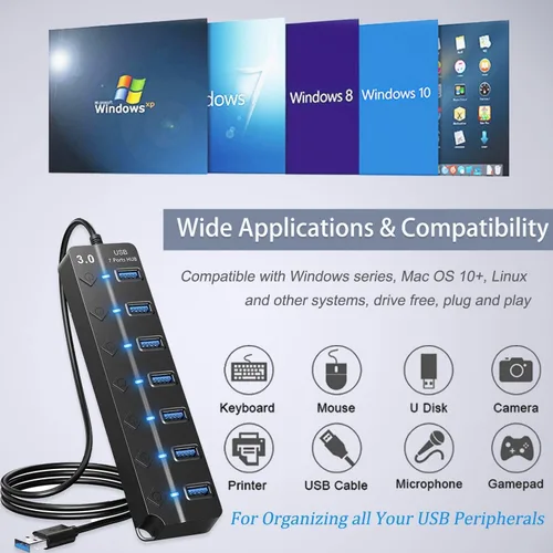Vista 5 de Hub USB 3.0, divisor de concentrador USB de 7 puertos con interruptores individuales de encendido/apagado y luces compatibles con MacBook, laptop
