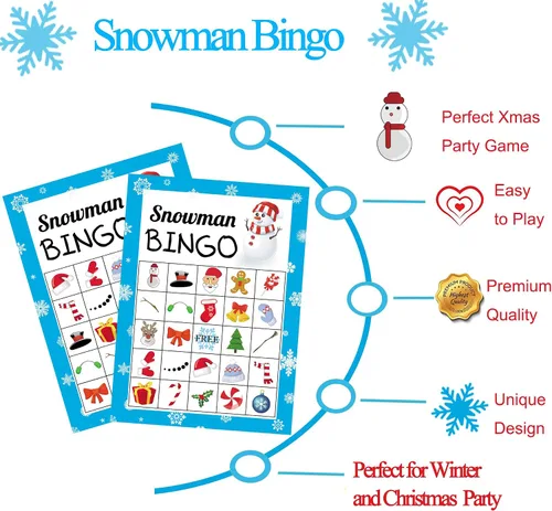 Vista 4 de Juego de bingo navideño de Happy Storm para niños y adultos, tarjetas de muñeco de nieve, 24 jugadores, juegos de invierno y actividades festivas