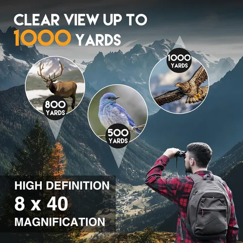 Vista 5 de Prismáticos HD de 8 x 40 para adultos, impermeables y compactos para observación de aves, viajes, visión con poca luz, agarre antideslizante, óptica