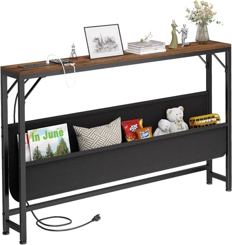 Vista 12 de Asgolion Mesa consola estrecha, mesa de entrada pequeña de 15.7 pulgadas, mesa de sofá de 2 niveles con almacenamiento, mesas consola delgadas