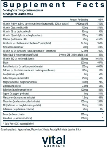Vista 2 de Vital Nutrients - Multi-Nutrientes con Hierro y Yodo - Fórmula Integral Multivitamínica/Mineral que contiene hierro y yodo - 180 cápsulas