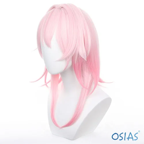 Vista 2 de OSIAS Peluca larga recta rosa para cosplay del 7 de marzo de Honkai Star Rail sintético resistente al calor