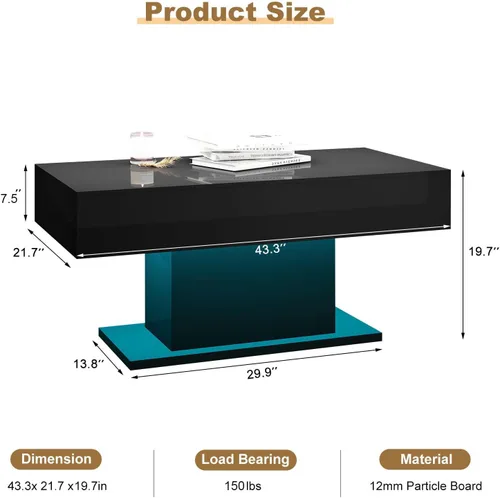 Vista 2 de HedoAjim - Mesa de café LED para sala de estar, mesa rectangular central de sala de estar, mesas de café modernas de madera con alto brillo y luces