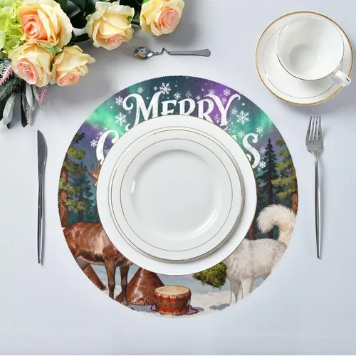 Vista 5 de Merry Christmas Fox Deer Plastic Round placemats Kids placemats for Dining Table Set of 4 15x15 in manteles para mesa