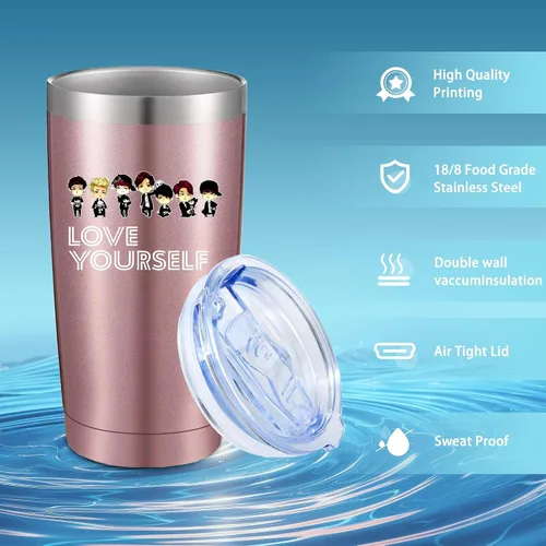 Vista 2 de Love Yourself Regalo inspirador para los fanáticos de la música, vaso de café helado de acero inoxidable aislado de 20 Oz con tapa, pajita