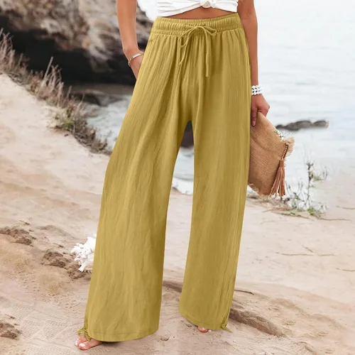 Vista 4 de SHAOBGE Pantalones palazzo de verano para mujer, cintura alta, pierna ancha, casual, cintura elástica, pantalones de playa con bolsillos