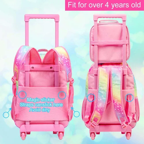 Vista 5 de Mochila con ruedas para niñas y niños, 3 unidades, con ruedas, con lonchera, mochilas con ruedas para primaria