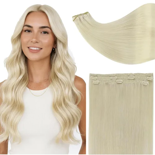 Vista 67 de Full Shine Extensiones de Cabello Rubio con Clip Reflejos Cabello Humano Extensiones con Clip Rubio Ceniza Mezcla Rubio Decolorado PU Extensiones
