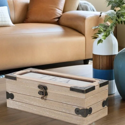 Vista 5 de Wood Tea Bag Storage Chest with Lid, 3 Compartments Organizer Box