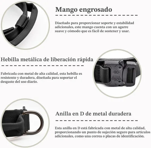 Vista 3 de Collar táctico para perro, collar ajustable de nailon para entrenamiento militar con mango de control y hebilla metálica de liberación rápida pesada