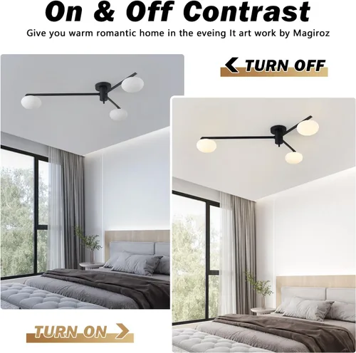 Vista 3 de Lámpara de araña moderna Sputnik de 3 luces con pantalla de vidrio lechoso - Lámpara de techo empotrada negra para cocina