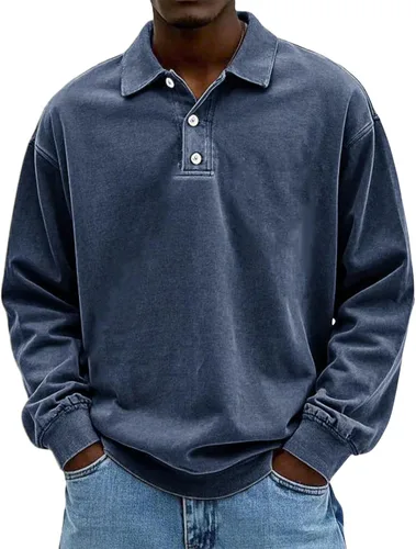 Vista 7 de Camisa Polo de Manga Larga para Hombre Camisa con Botón Desgastado Básica Color Sólido Camisa Polo Clásica Holgada Casual Camisas con Cuello Camiseta