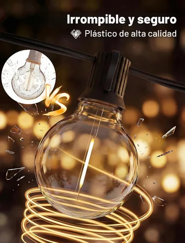 Vista 2 de Abeja - Cadena de luces para exteriores, de 25 pies con bombillas LED G40 tipo globo con 27 bombillas de plástico Edison (2 de repuesto), luces