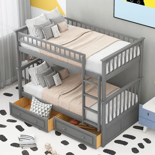 Vista 11 de Harper & Bright Designs Litera convertible de madera individual sobre cama matrimonial con 2 cajones de almacenamiento y escalera, se puede dividir