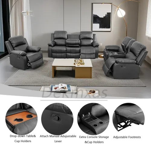 Vista 3 de Conjunto de sofá para sala de Estar, sillón reclinable de cuero transpirable, sofá de 3 plazas para cine en casa con portavasos para apartamento