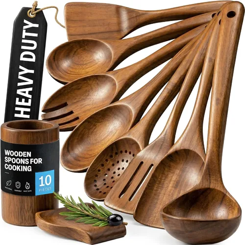Vista 13 de Zulay Kitchen Juego de 5 cucharas de madera extragrandes - Utensilios de cocina de teca lisa - Cucharón, espátula, espumadera, tenedor, cuchara