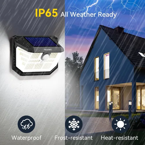 Vista 6 de TECKNET 231 luces LED solares de movimiento al aire libre impermeables, juego de 4 unidades con ángulo de 300° y 3 modos de iluminación, luces