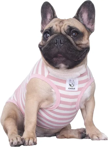Vista 23 de iChoue - Camisetas de rayas de algodón 100% transpirable para Bulldog francés, chaleco de Halloween para perros medianos, camisetas Frenchie Pug