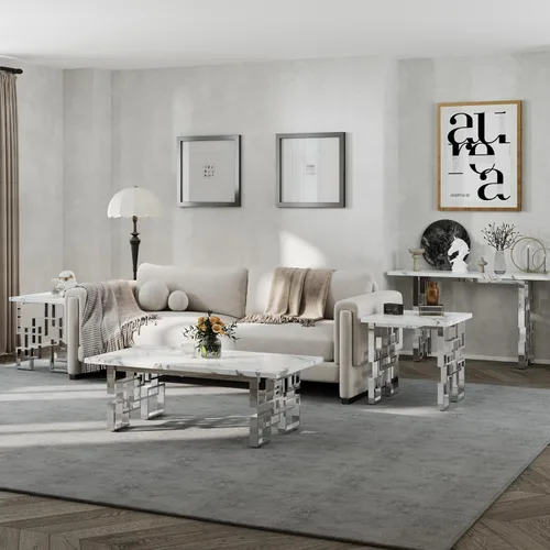 Vista 9 de AUZ Mesa auxiliar blanca y plateada de 50 pulgadas, moderna mesa de centro rectangular de imitación de mármol cromado con base de metal espejo