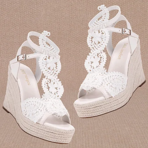 Vista 5 de MiLanolce women's platform sandals wedge open toe ankle strap lace wedding shoes bridesmaid shoes