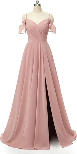 Vista 5 de Rmaytiked Vestido de dama de honor de gasa con tirantes delgados, largo con abertura, vestido formal de noche, vestidos de fiesta de boda para mujer