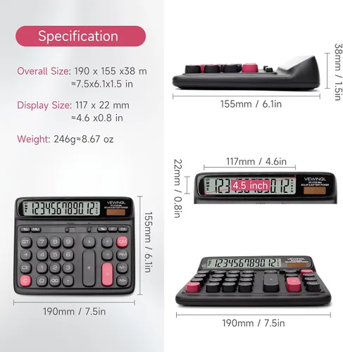 Vista 5 de VEWINGL Calculadora de escritorio, pantalla LCD grande de 12 dígitos, teclas grandes estilo computadora, doble potencia (solar y batería), modo